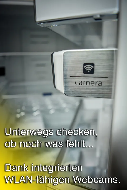 Kamera im Innenraum eines vernetzten Kühlschranks, Ansicht per WLAN